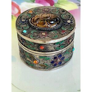 Antique Chinese Trinket Box Enamel Flowers Carved Tigers Eye Flower